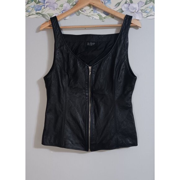 American Born Leather Large Black Zip Biker Lined Vintage Party Riding Vest - Picture 2 of 5